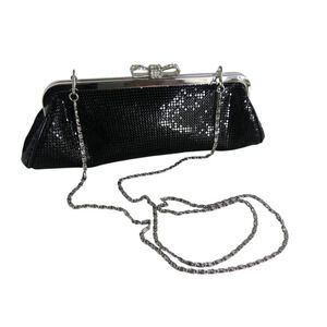 Kate Landry Rhinestone Bow Clasp Clutch Purse Black Mesh Silver Tone Link Strap
